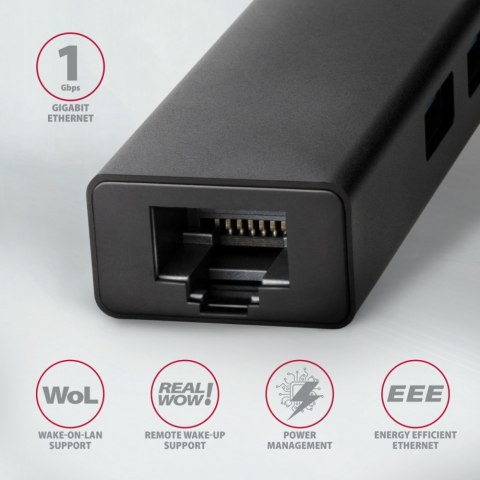 AXAGON HMC-GL3A Wieloportowy hub USB 4in1, 5Gbps, 3x USB-A + GLAN, 20cm USB-C kabel