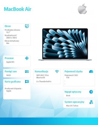 Apple MacBook Air 15.3 cala: M5 10/10, 16GB, 1TB SSD, bez zasilacza - Błękitny