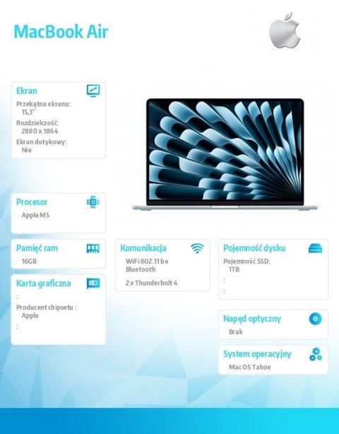 Apple MacBook Air 15.3 cala: M5 10/10, 16GB, 1TB SSD, bez zasilacza - Błękitny