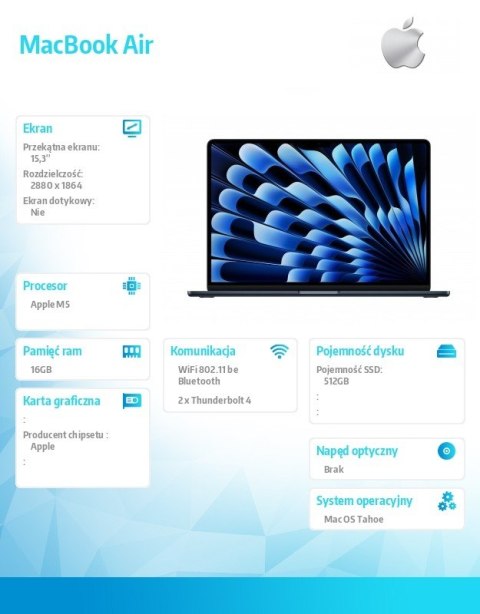 Apple MacBook Air 15.3 cala: M5 10/10, 16GB, 512GB SSD, bez zasilacza - Północ