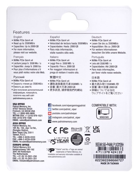 Patriot Memory SSD Patriot Viper P400 Lite M.2 PCI-Ex4 NVMe 1000GB