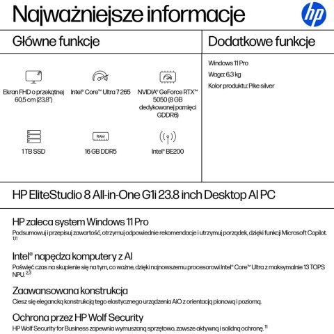 Hewlett-Packard HP Elite Studio 8 AiO G1i Ultra 7 265 23.8"FHD 250nits IPS LBL AG 16GB DDR5 5600 SSD1TB Intel Graphics Cam5MP W11Pro 3Y OnSite