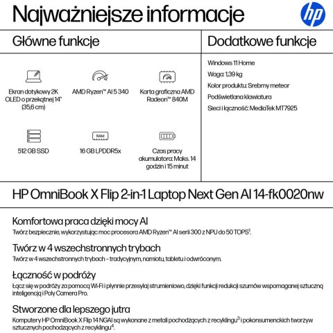Hewlett-Packard HP OmniBook X Flip 2in1 14-fk0020nw Ryzen AI 5 340 14"2K OLED 300nits LBL Glosy 16GB LPDDR5x SSD512 Radeon 840M Cam5MP+IR 59Wh W