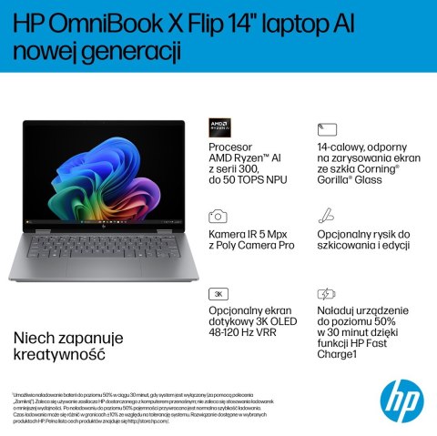 Hewlett-Packard HP OmniBook X Flip 2in1 14-fk0020nw Ryzen AI 5 340 14"2K OLED 300nits LBL Glosy 16GB LPDDR5x SSD512 Radeon 840M Cam5MP+IR 59Wh W
