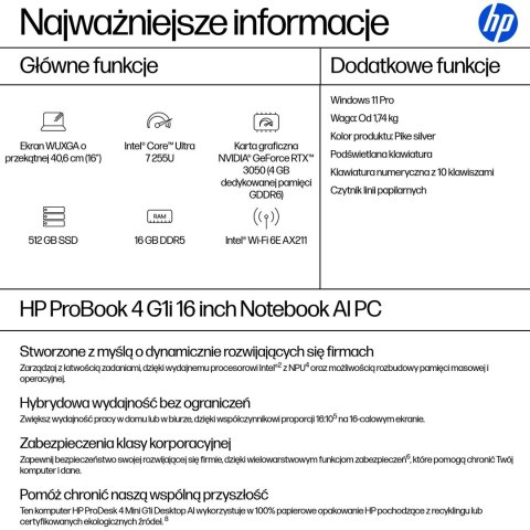 Hewlett-Packard HP ProBook 4 G1i Ultra 7 255U 16"WUXGA IPS 300nits AG 16GB DDR5 5600 SSD512 Arc Cam1080p 56Wh W11Pro