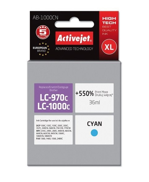 Activejet Activejet AB-1000CN Tusz (zamiennik Brother LC1000C/970C; Supreme; 36 ml; niebieski). Drukuje więcej o 550%.