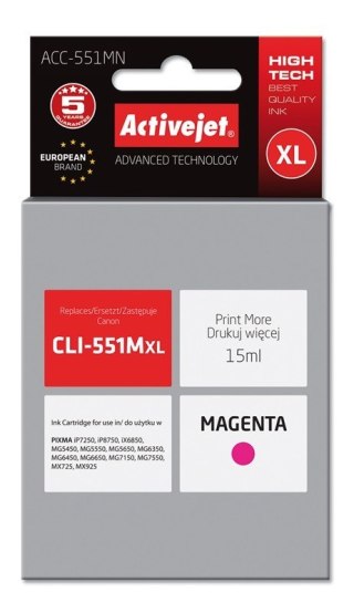 Activejet Activejet ACC-551MN Tusz (zamiennik Canon CLI-551M; Supreme; 15 ml; czerwony)