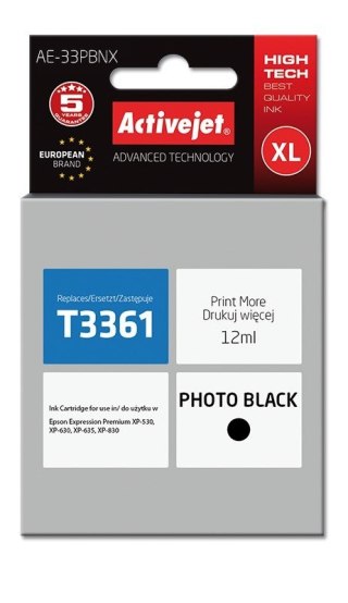 Activejet Activejet AE-33PBNX Tusz (zamiennik Epson 33XL T3361; Supreme; 12 ml; czarny fotograficzny)