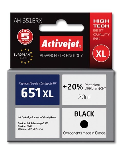Activejet Activejet AH-651BRX Tusz (zamiennik HP 651 C2P10AE; Premium; 20 ml; czarny)