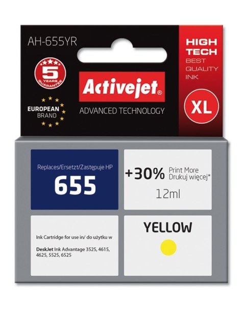 Activejet Activejet AH-655YR Tusz (zamiennik HP 655 CZ112AE; Premium; 12 ml; żółty)