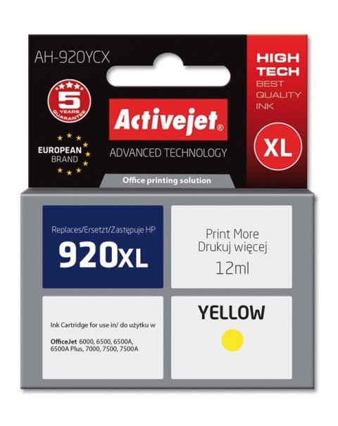 Activejet Activejet AH-920YCX Tusz (zamiennik HP 920XL CD974AE; Premium; 12 ml; żółty)
