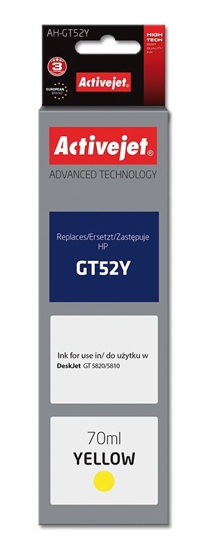 Activejet Activejet AH-GT52Y Buteleczka z tuszem z atramentem (zamiennik HP GT52Y M0H56AE; Supreme; 70 ml; 8000 stron, żółty)