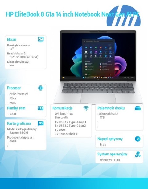 HP Inc. Laptop EliteBook 8 G1a Ryzen AI 7 PRO 350 1TB/32GB/W11P/14.0 C51HCET