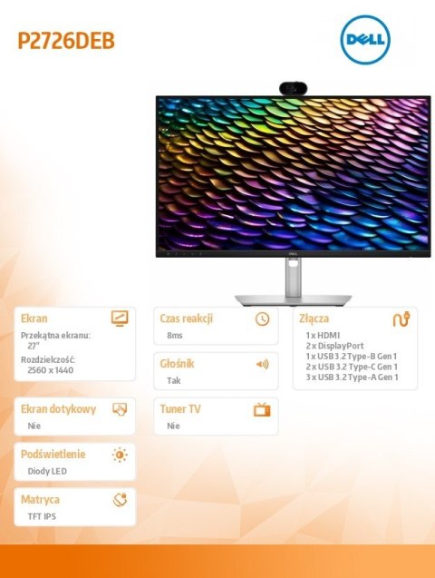 Dell Monitor P2726DEB 27 cali IPS QHD (2560x1440)/16:9/HDMI/2xDP/4xUSB/2xUSB-C/Camera/Speakers/3Y