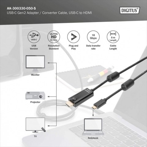 Digitus Kabel USB Type-C/HDMI M/M USB 3.1 Gen.2 SuperSpeed+ 4K/60Hz 18Gbps 5m czarny