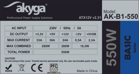 Akyga Zasilacz Akyga Basic AK-B1-550 (550 W; Pasywne; 120 mm)