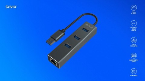 Savio Hub AK-58 3-portowy USB-A 3.1 Gen 1 z adapterem RJ-45 Gigabit Ethernet