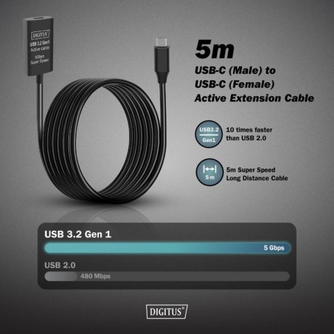 Digitus Kabel przedłużający aktywny USB-C - USB-C, USB 3.2 Gen1, 5Gbps, 5m