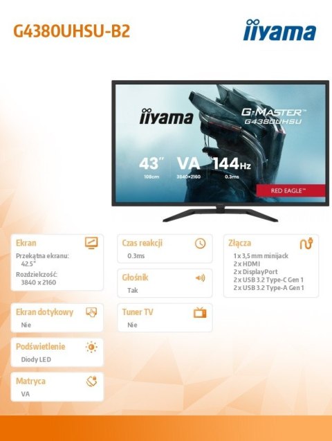 IIYAMA Monitor G-Master 42.5 cala G4380UHSU-B2 4K,VA, 2xHDMI 2.1, 2xDP, 0,3ms, 144Hz, 550cd, 4000:1, USB HUBx4, 2x7W