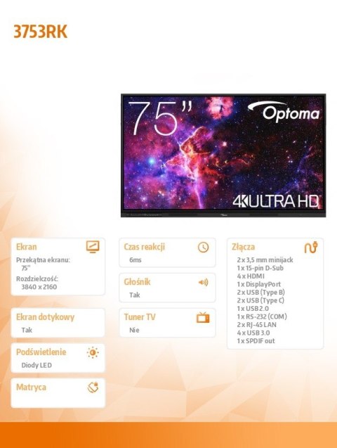 Optoma Monitor interaktywny 75 cali IFPD 3753RK H1F0H07BW101