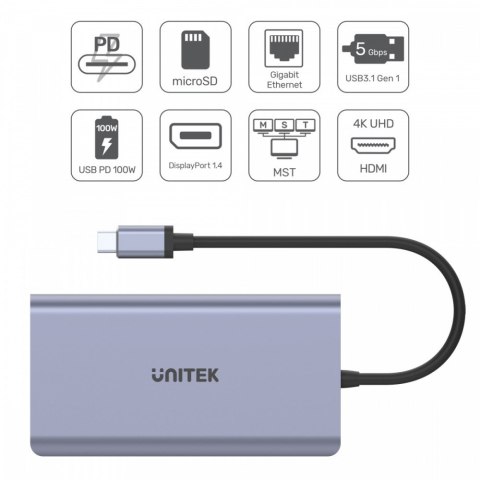 Unitek HUB USB-C 2x USB 3.1, HDMI 2.0, DP 1.4, RJ45, SD, PD 100W; D1056A