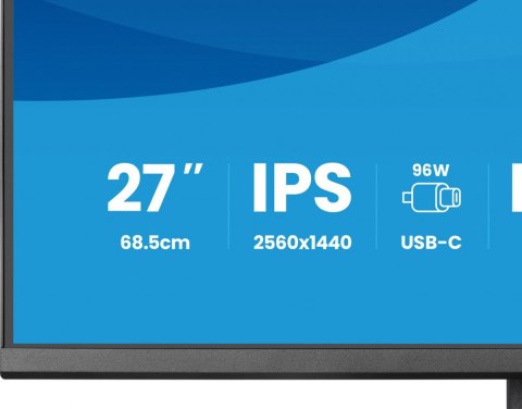 IIYAMA Monitor 27 cali Prolite XB2797QSNPH-B1,IPS,QHD,CAM,MIC,HDMI, DP, 4xUSB,75Hz, USB-C DOCK 96W, RJ45,KVM, 2x2W, 5MP WINDOWS HELLO,