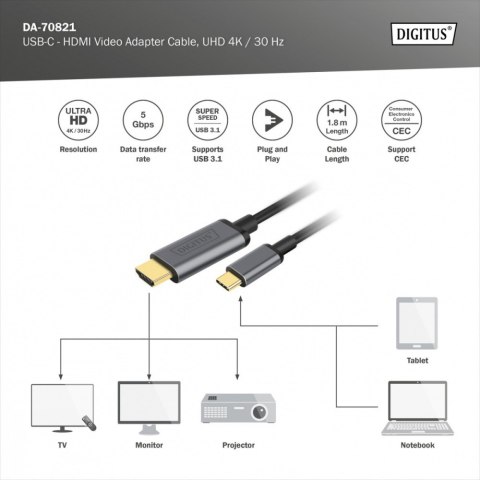 Digitus Kabel adapter HDMI 4K 30Hz na USB Typ C 3.1 metalowa obudowa HQ czarny 1.8m