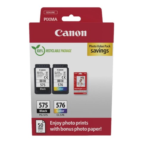 Canon Zestaw tuszy Canon PG-575 Black 5,6 ml 100 str. /CL-576 Color 6,3 ml 100 str. + papier fotograficzny GP-501 Glossy (5438C004)