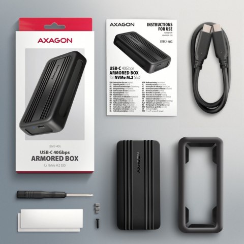 AXAGON EEM2-40G Obudowa zewnętrzna aluminiowa USB4 Gen 3x2 M.2 SSD NVMe 40Gbps chłodzenie pasywne, kabel USB-C, silikonowe etui