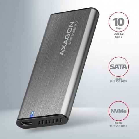 AXAGON EEM2-SG2 Obudowa zewnętrzna kompaktowa na dysk M.2 NVMe/SATA 2242-2280, USB-C 10Gbps, bez śrub, UASP/TRIM, aluminiowa, redukcja 
