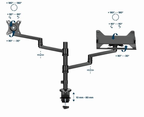 GEMBIRD GEMBIRD BIURKOWE REGULOWANE RAMIĘ/UCHWYT NA MONITOR + PODSTAWKA NA NOTEBOOKA 17-32, VESA 100X100MM, DO 8 KG