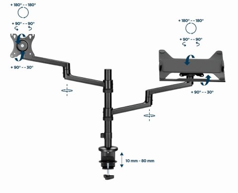 GEMBIRD GEMBIRD BIURKOWE REGULOWANE RAMIĘ/UCHWYT NA MONITOR + PODSTAWKA NA NOTEBOOKA 17-32, VESA 100X100MM, DO 8 KG