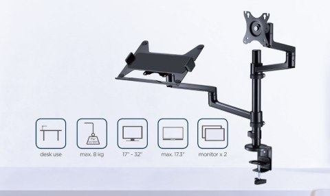 GEMBIRD GEMBIRD BIURKOWE REGULOWANE RAMIĘ/UCHWYT NA MONITOR + PODSTAWKA NA NOTEBOOKA 17-32, VESA 100X100MM, DO 8 KG