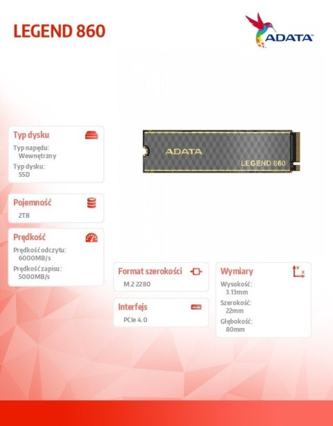 Adata Dysk SSD LEGEND 860 2TB PCIe 4x4 6000/5000 MB/s M.2