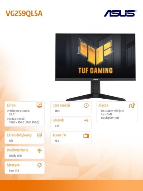 Asus Monitor 25 cali VG259QL5A IPS 200Hz HDMI DP H0-120