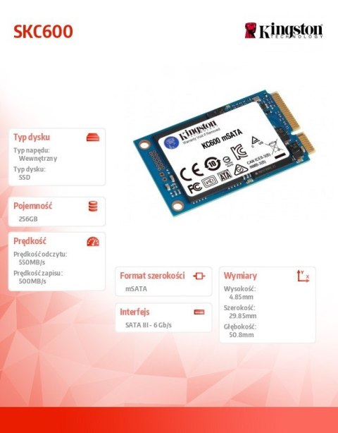 Kingston Dysk SSD SKC600 256GB mSATA 550/500 MB/s