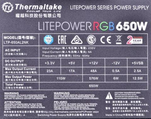 Thermaltake Zasilacz Thermaltake Litepower RGB PS-LTP-0650NHSANE-1 (650 W; Aktywne; 120 mm)