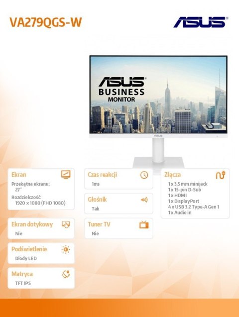Asus Monitor 27 cali VA279QGS-W IPS FHD HDMI VGA DP 120Hz
