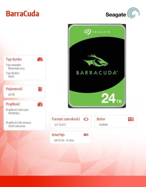 Seagate Dysk twardy BarraCuda 24TB 3.5 cala ST24000DM001