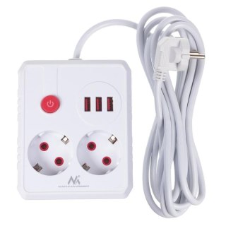 Maclean Listwa zasilająca Maclean MCE388 W, przedłużacz 2 gniazda + 3xUSB, 110-240V AC 50/60Hz, 2.1A max 2500W, 3 m, biała
