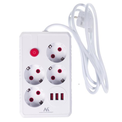 Maclean Listwa zasilająca Maclean MCE392 W, przedłużacz 4 gniazda + 3xUSB, 110-240V AC 50/60Hz, 2.1A max 2500W, 1,5m, biała
