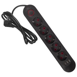 Maclean Listwa zasilająca Maclean MCE395 B, przedłużacz 5 gniazd + 3xUSB, 110-240V AC 50/60Hz, 2.1A max 2500W, 1,5m, czarna