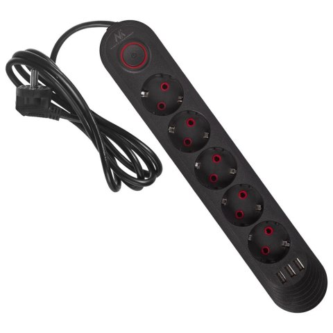 Maclean Listwa zasilająca Maclean MCE395 B, przedłużacz 5 gniazd + 3xUSB, 110-240V AC 50/60Hz, 2.1A max 2500W, 1,5m, czarna