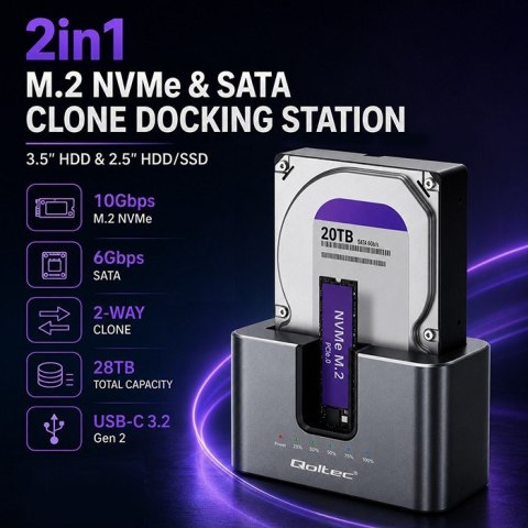 Qoltec QOLTEC STACJA DOKUJĄCA HDD SSD | SATA | M.2 NVME | KLONOWANIE | USB-C | 10GB/S