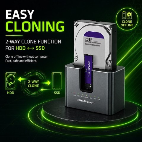 Qoltec QOLTEC STACJA DOKUJĄCA HDD SSD | SATA | M.2 NVME | KLONOWANIE | USB-C | 10GB/S