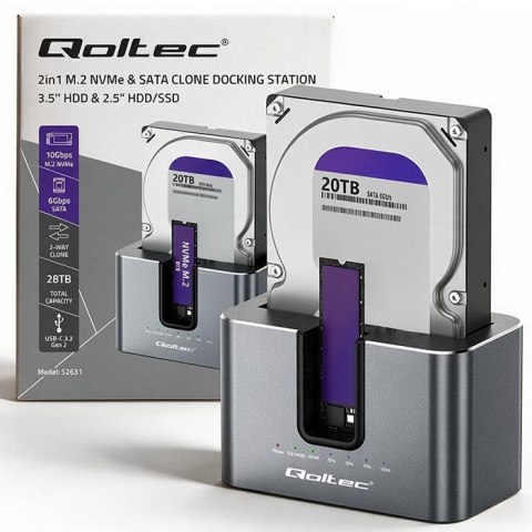 Qoltec QOLTEC STACJA DOKUJĄCA HDD SSD | SATA | M.2 NVME | KLONOWANIE | USB-C | 10GB/S