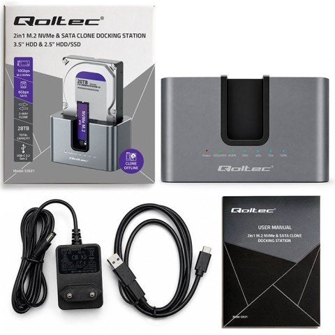 Qoltec QOLTEC STACJA DOKUJĄCA HDD SSD | SATA | M.2 NVME | KLONOWANIE | USB-C | 10GB/S
