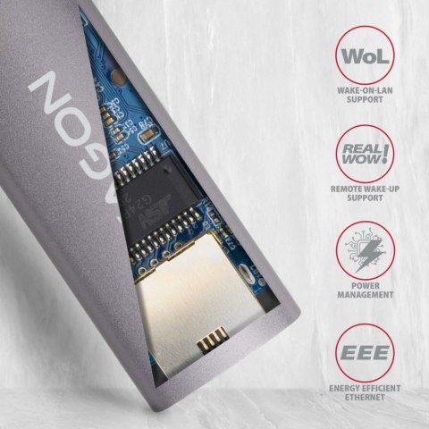 AXAGON ADE-TR Karta sieciowa USB-A 5Gbps, port RJ-45 1Gbps, chipset Realtek RTL8153, autoinstalacja, Wake-on-LAN, aluminiowa, kabel 15 