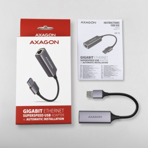 AXAGON ADE-TR Karta sieciowa USB-A 5Gbps, port RJ-45 1Gbps, chipset Realtek RTL8153, autoinstalacja, Wake-on-LAN, aluminiowa, kabel 15 