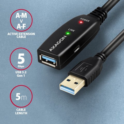 AXAGON ADR-305 Przedłużacz aktywny USB-A (wtyk) - USB-A (gniazdo) 5 m, USB 5Gbps, opcjonalne zasilanie micro USB, możliwość łączenia